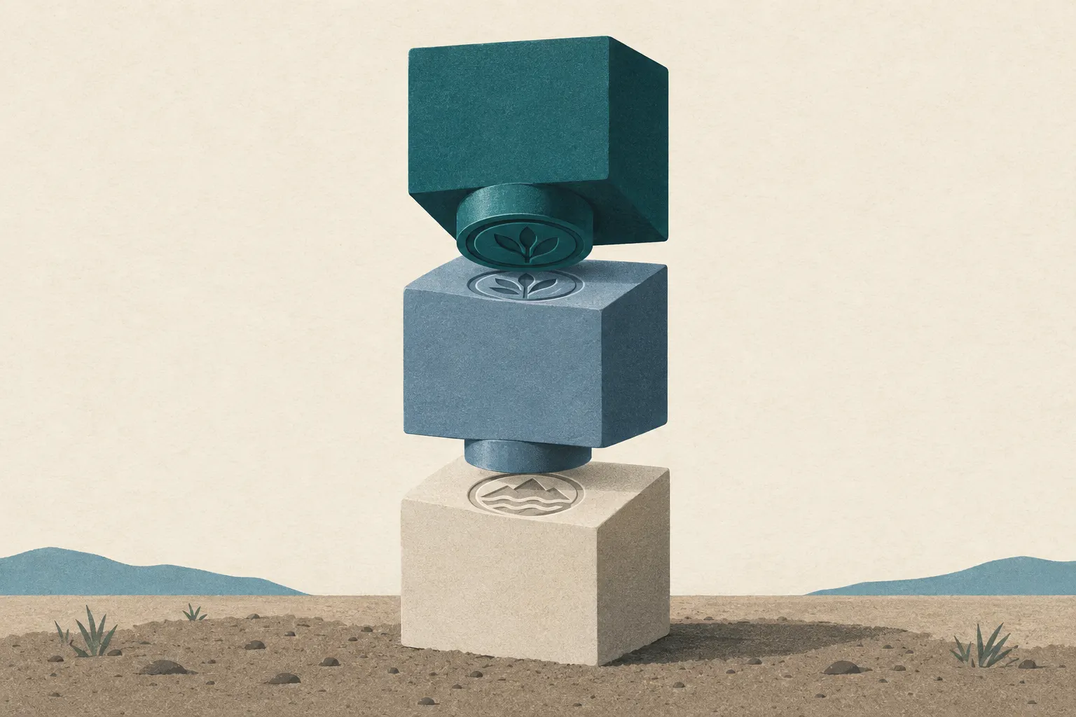 Drie blokken op elkaar gestapeld, elk met een stempel in het blok erboven; het onderste blok staat op de kale grond.