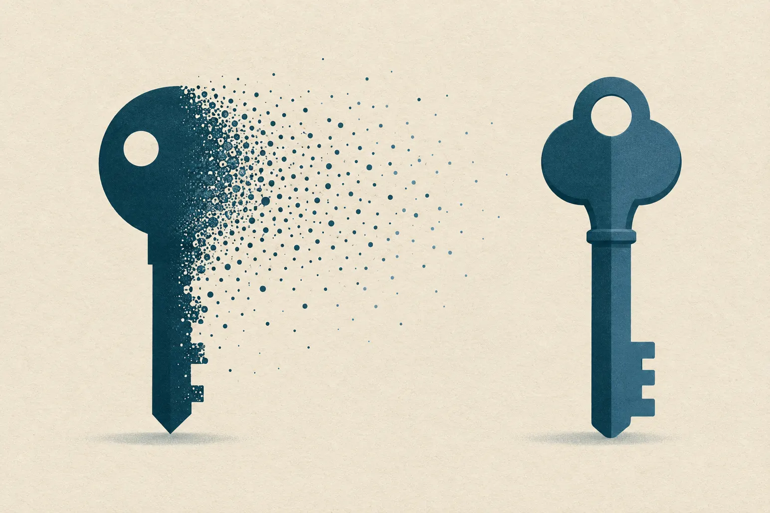 Een sleutel die naar rechts uiteenvalt in een wolk stippen, terwijl een tweede sleutel van een andere vorm ernaast heel blijft.