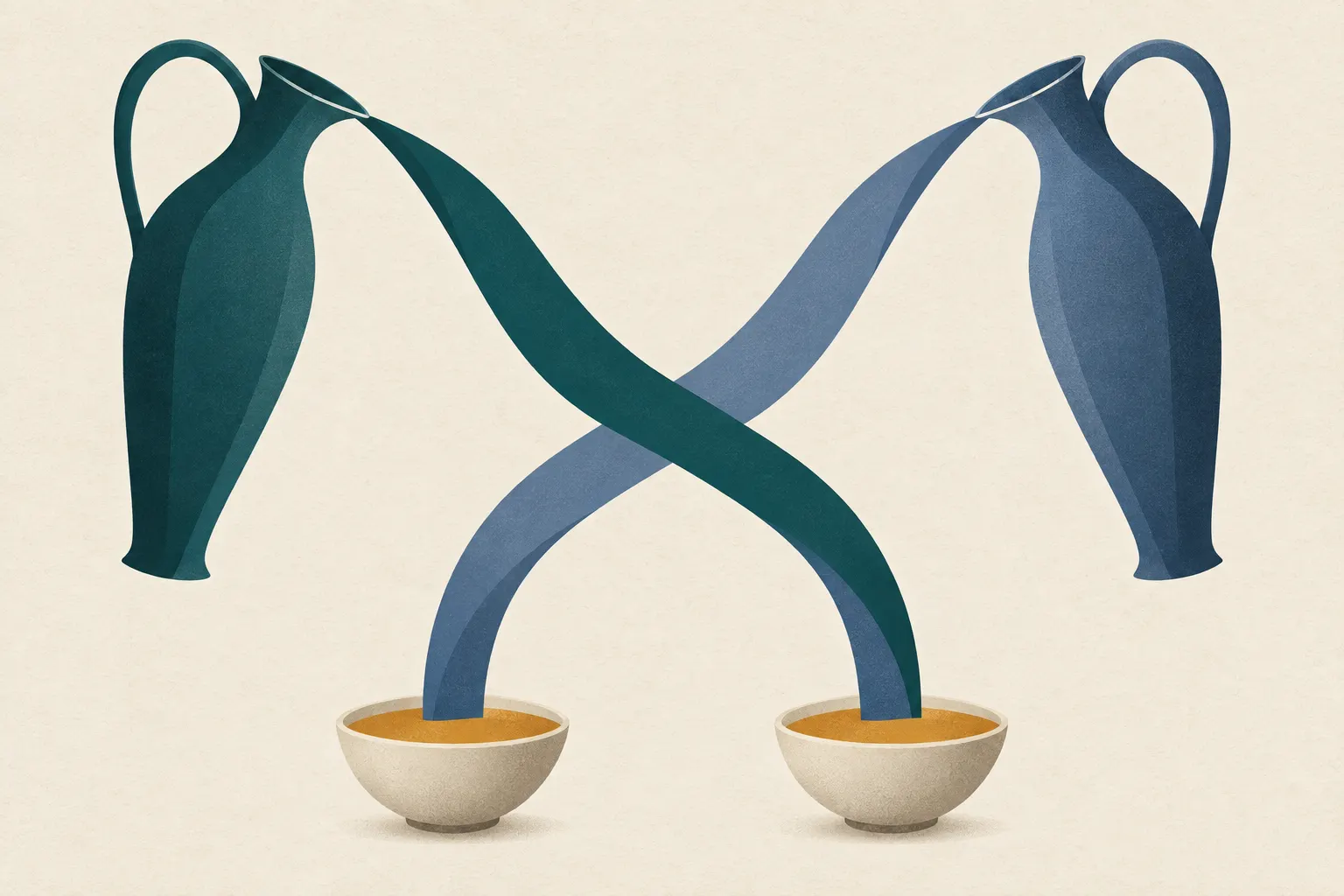 Twee kruiken gieten elk een lint kleur uit — links diepgroen, rechts blauw — die elkaar in het midden kruisen en uitkomen in twee kommen met precies dezelfde okerkleur.