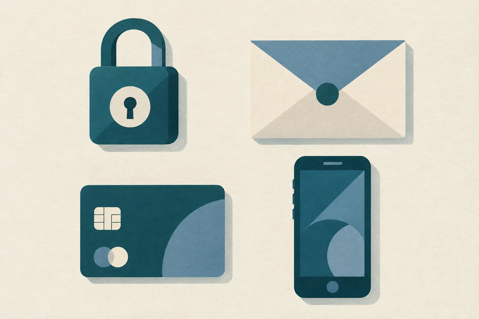 Een raster van alledaagse voorwerpen — een hangslot, een envelop, een bankkaart, een telefoon — allemaal opgebouwd uit dezelfde geometrische vormen.