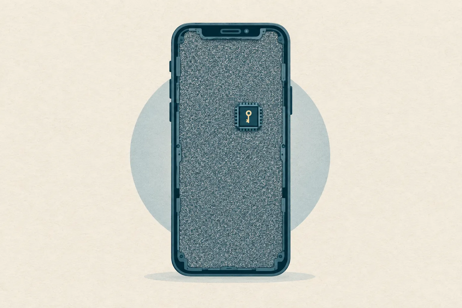 Een telefoon in doorsnede, vol ruis, met daarin één apart chipje dat een enkele sleutel bewaart.
